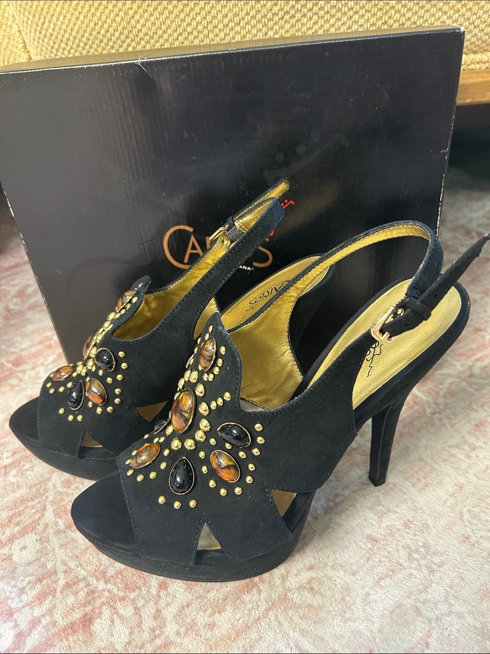 Carlos by Carlos Santana Black Slingback Heels with Amber & Black Gem Accents - Picture 3 of 5